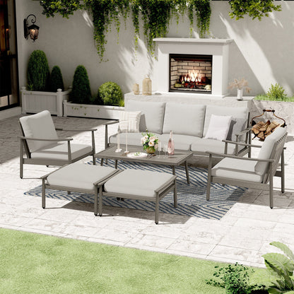 6-Piece Aluminum Patio Conversation Set, 3-Seat Outdoor Couch with Ottomans and Coffee Table