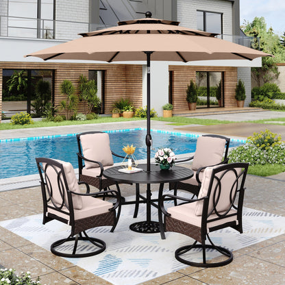 MAISON?ARTS 6-Piece Metal Patio Outdoor Dining Set with Beige Cushions with 4 Swivel Dining Chairs and Beige Umbrella