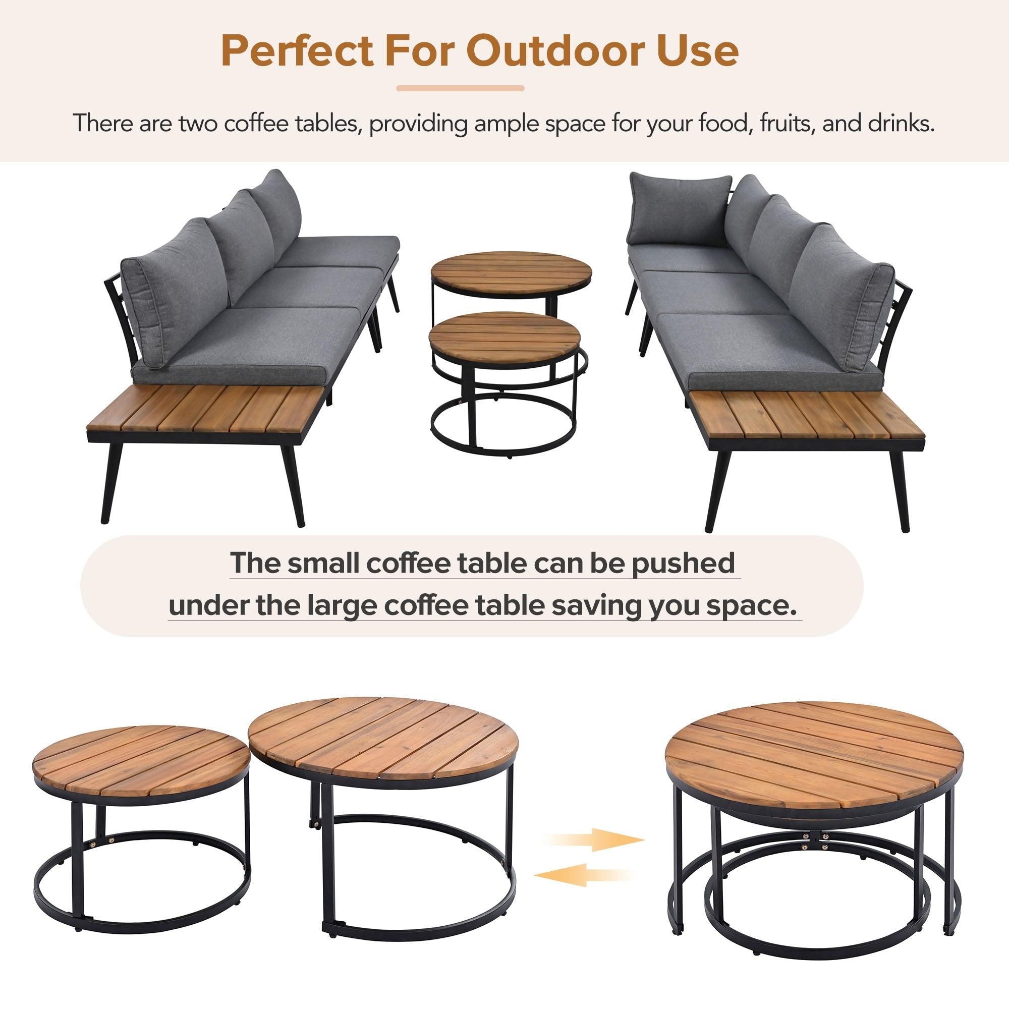 6-Piece Outdoor Sectional Sofa Set with Round Nesting Coffee Tables and Seating Sofa with Cushions