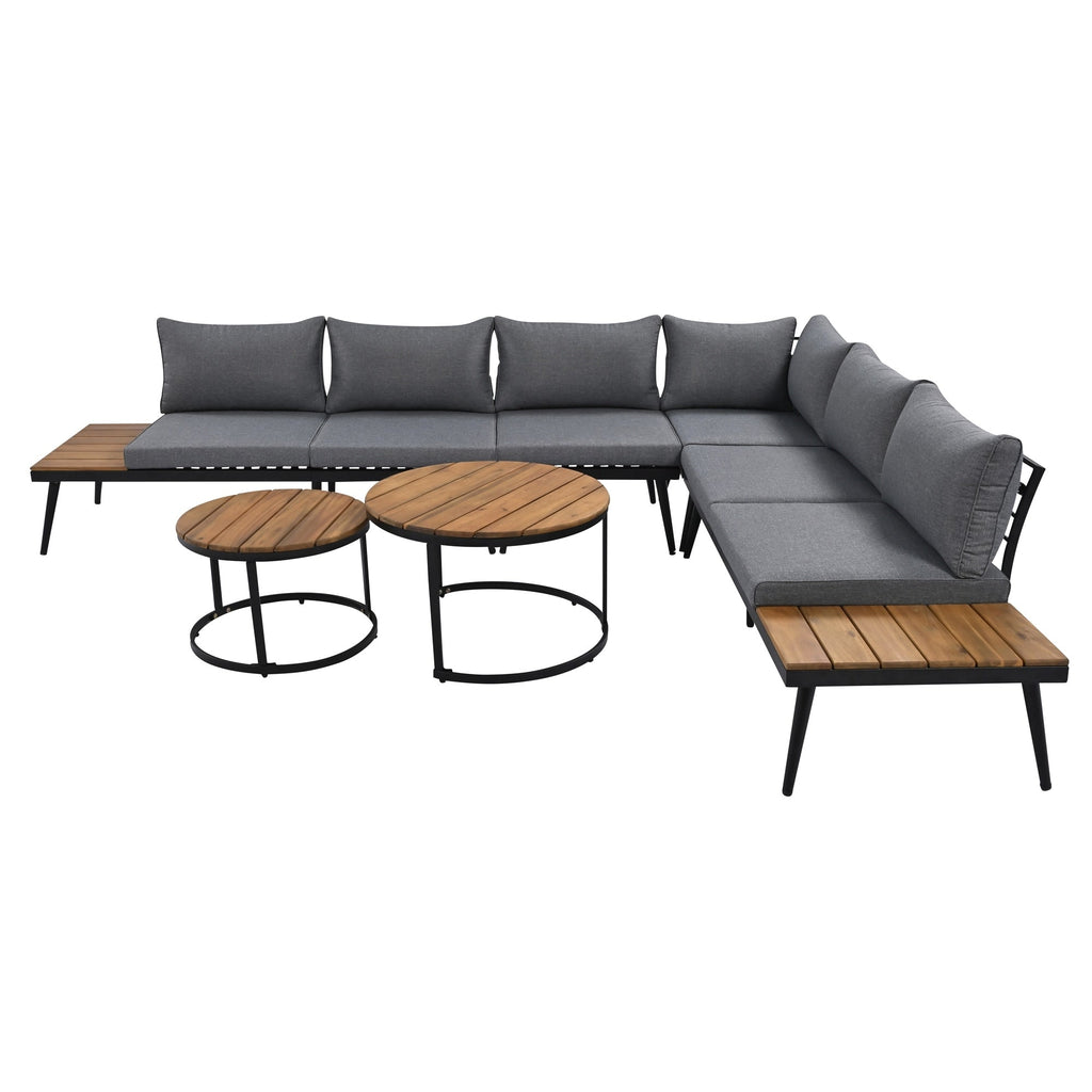 6-Piece Outdoor Sectional Sofa Set with Round Nesting Coffee Tables and Seating Sofa with Cushions
