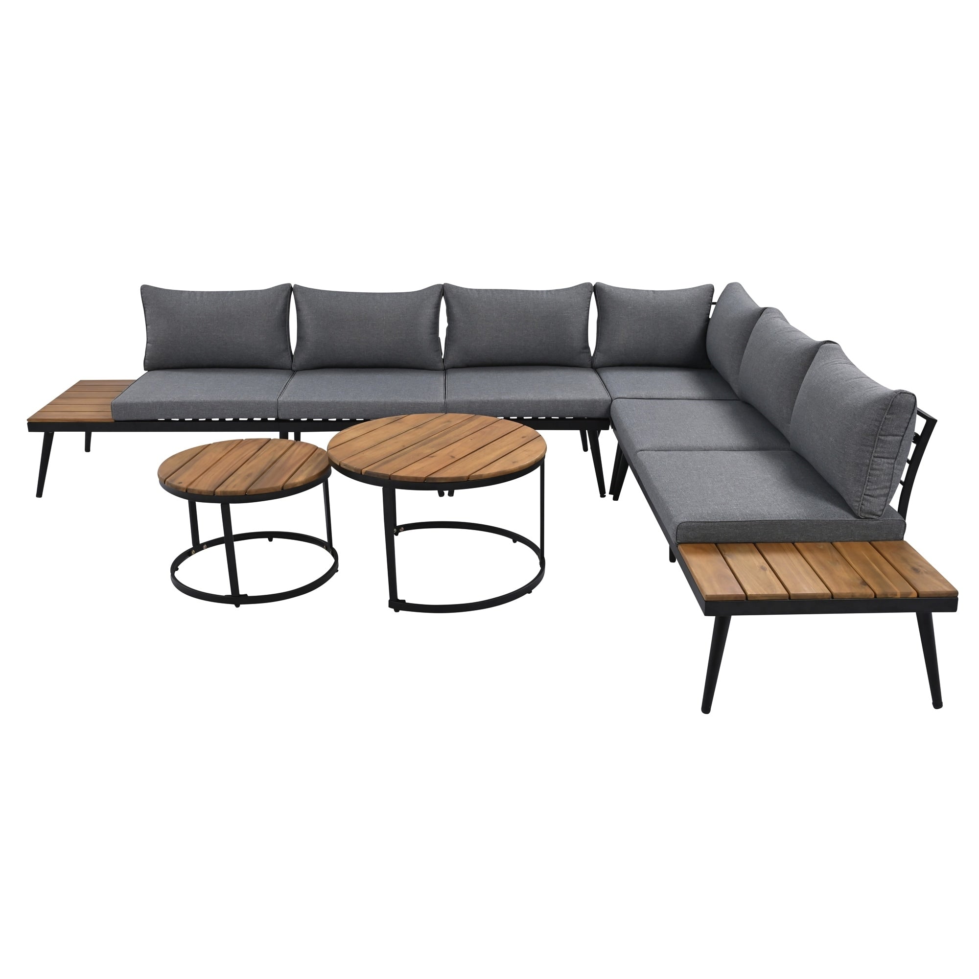 6-Piece Outdoor Sectional Sofa Set with Round Nesting Coffee Tables and Seating Sofa with Cushions