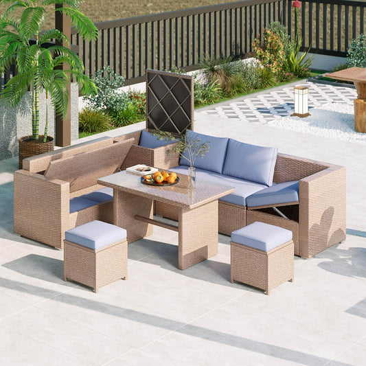 6-Piece PE Rattan Patio Sofa Set with Storage & Adjustable Seats