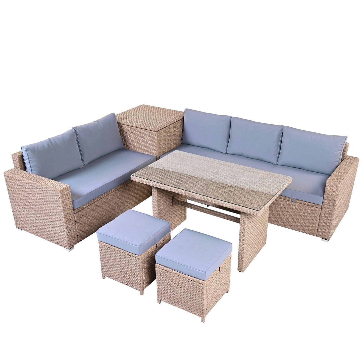 6-Piece PE Rattan Patio Sofa Set with Storage & Adjustable Seats