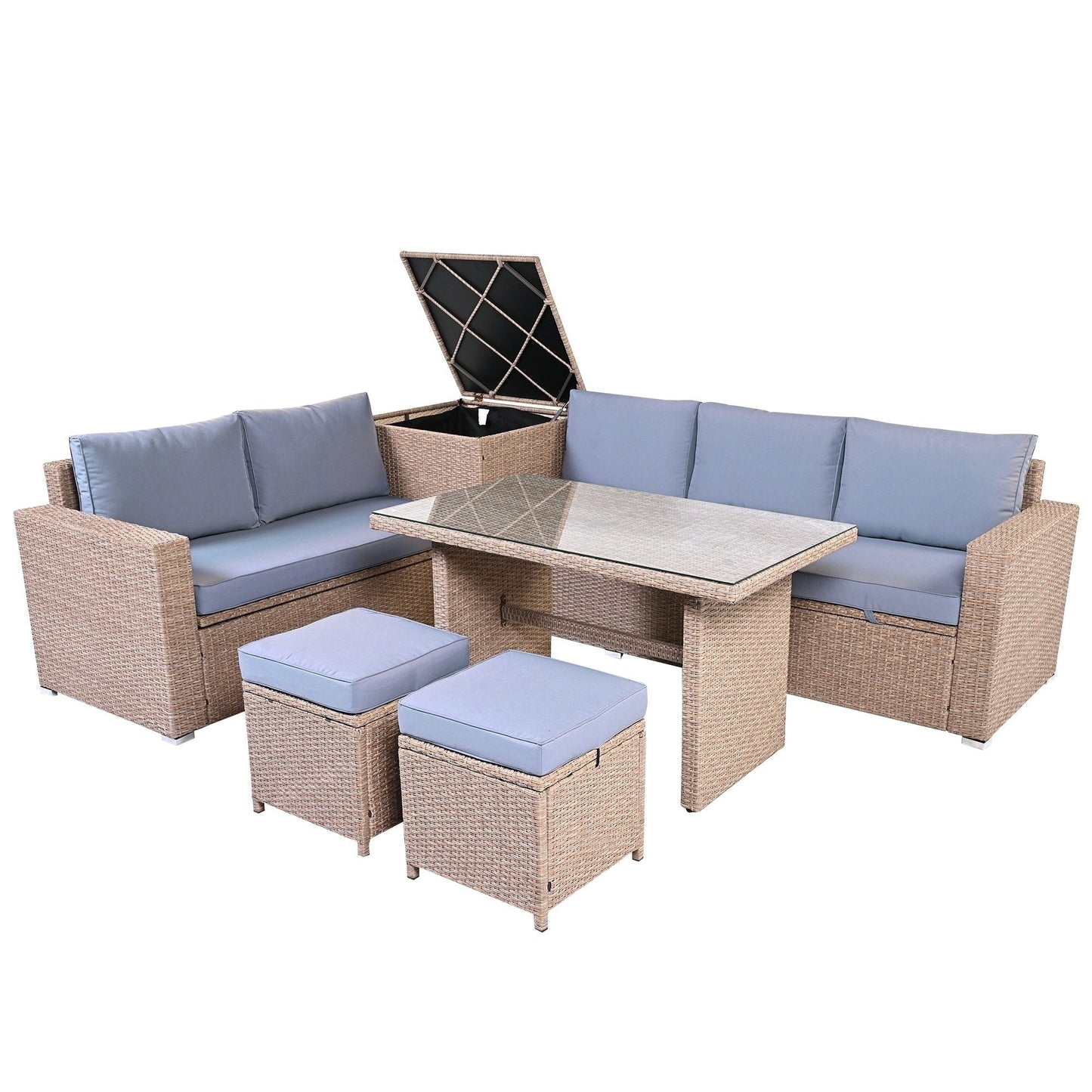 6-Piece PE Rattan Patio Sofa Set with Storage & Adjustable Seats
