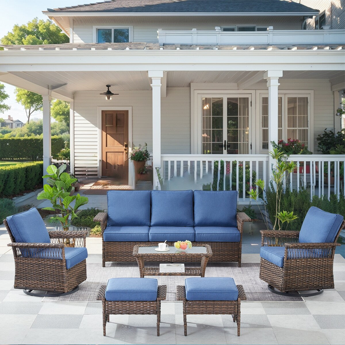6 Pieces Outdoor Rattan Furniture Conversation Sets - Brown