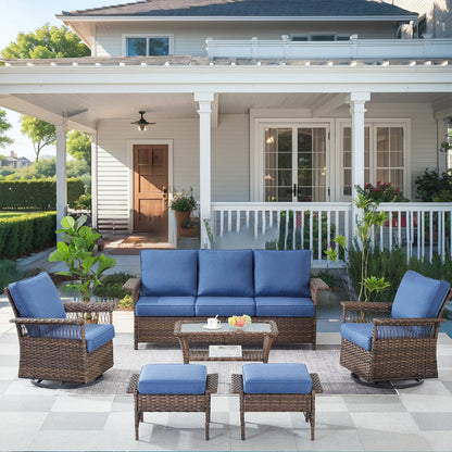 6 Pieces Outdoor Rattan Furniture Conversation Sets - Brown