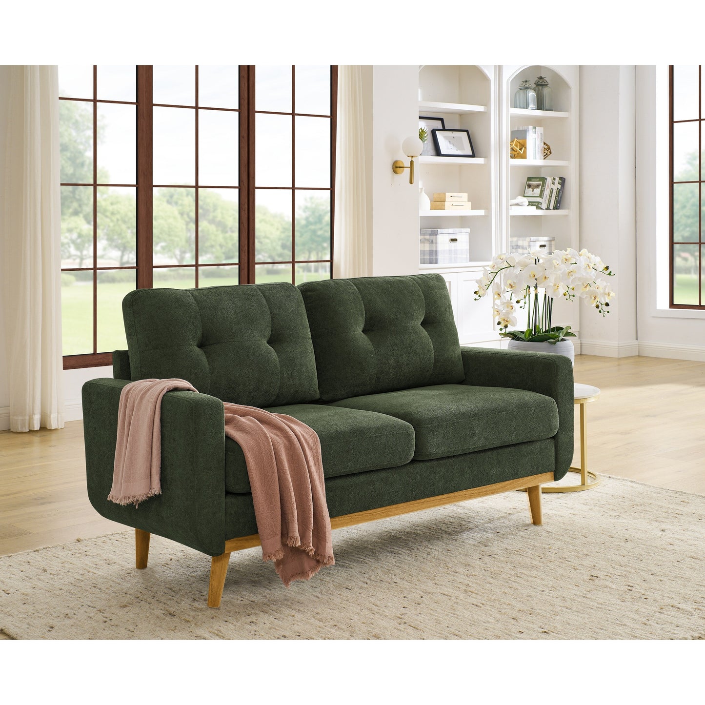 67.7 Wide Mid-Century Modern Upholstered Tufted Loveseat Sofa With Wooden Legs