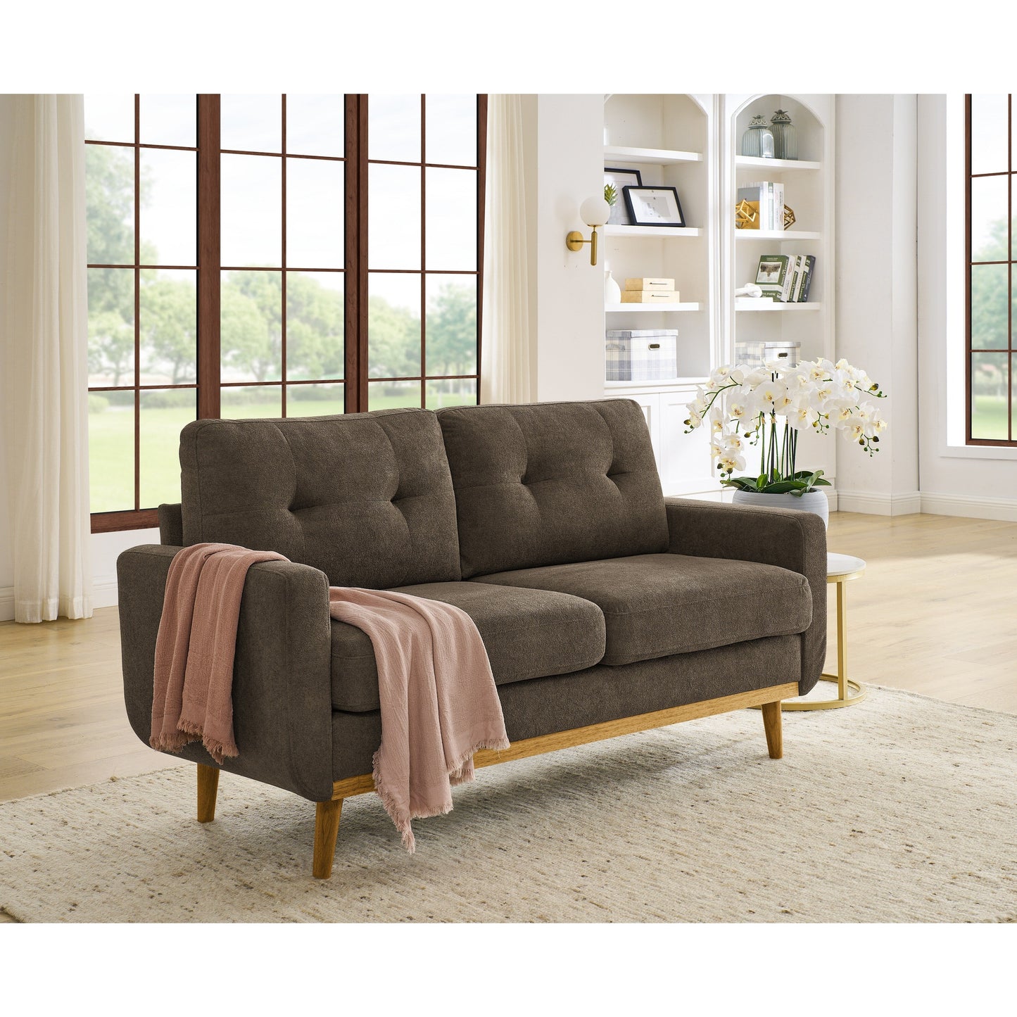 67.7 Wide Mid-Century Modern Upholstered Tufted Loveseat Sofa With Wooden Legs