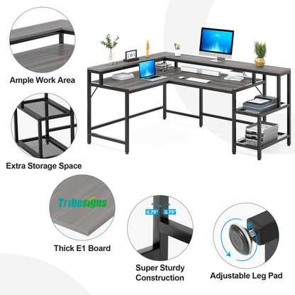 L Shaped Desk with Monitor Shelf, Reversible Corner Computer Desk for Office Home 69