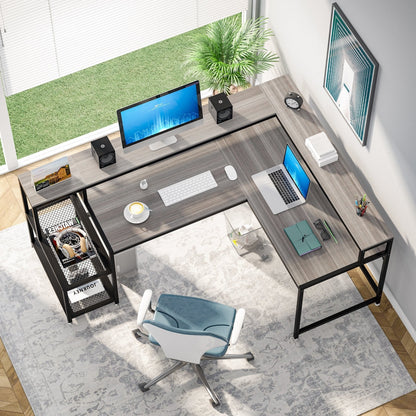 L Shaped Desk with Monitor Shelf, Reversible Corner Computer Desk for Office Home 69
