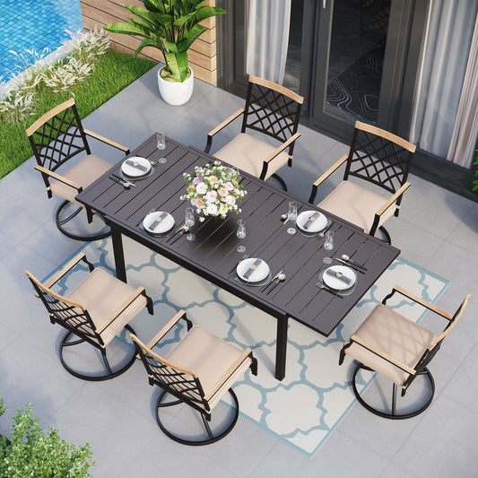 MAISON ARTS 7/9-Piece Outdoor Patio Dining Set, 6/8 Metal Swivel Dining Chairs, 1 Rectangular Expandable Table