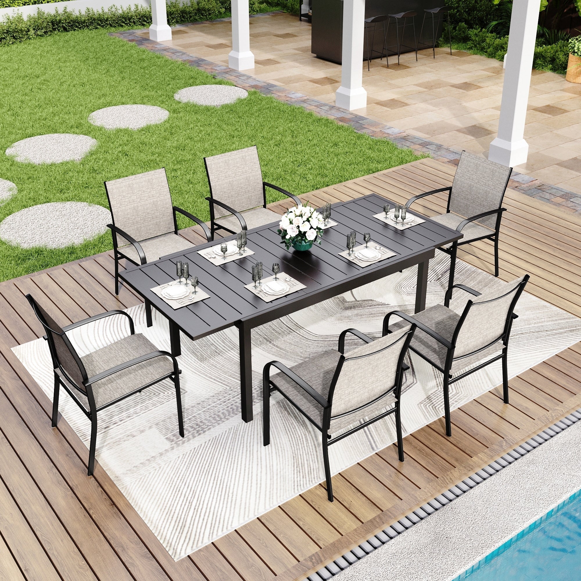 MAISON ARTS 7/9-Piece Patio Dining Set with Metal Rectangle Expandable Table and 6/8 Textilene Dining Chairs