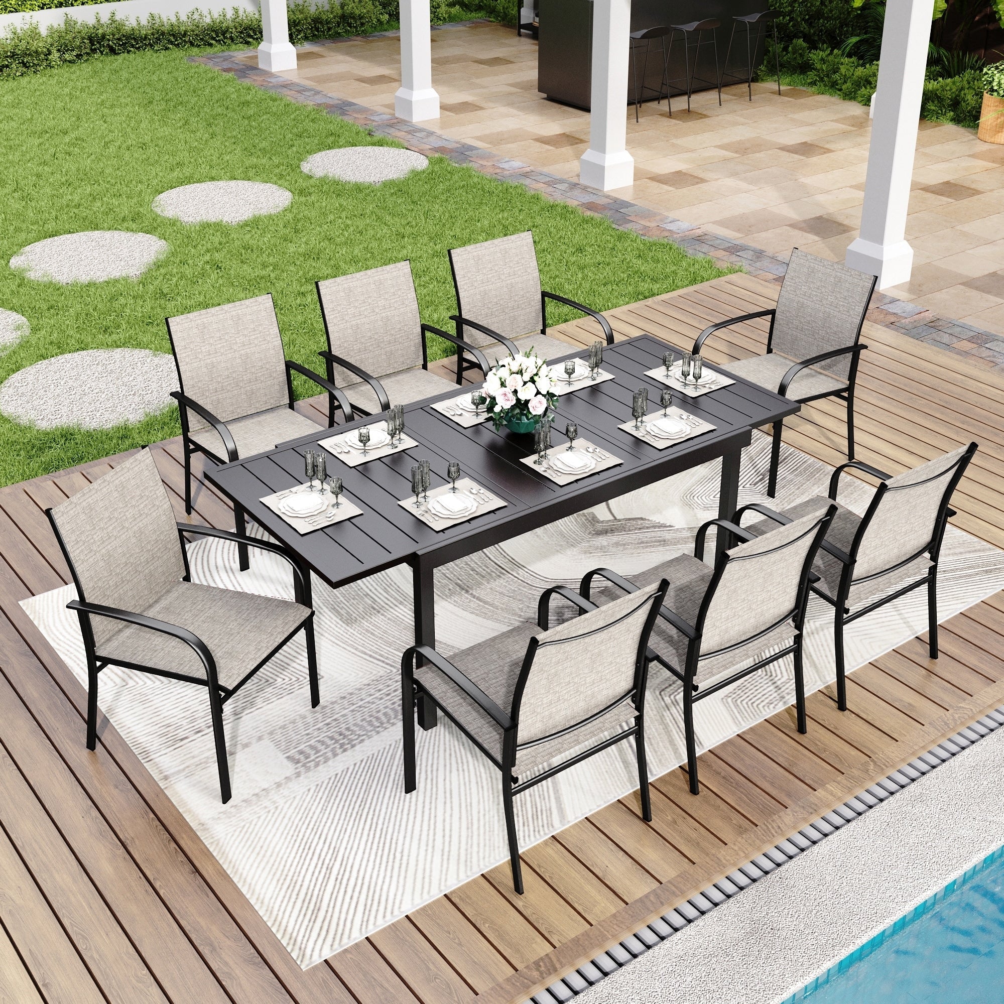 MAISON ARTS 7/9-Piece Patio Dining Set with Metal Rectangle Expandable Table and 6/8 Textilene Dining Chairs