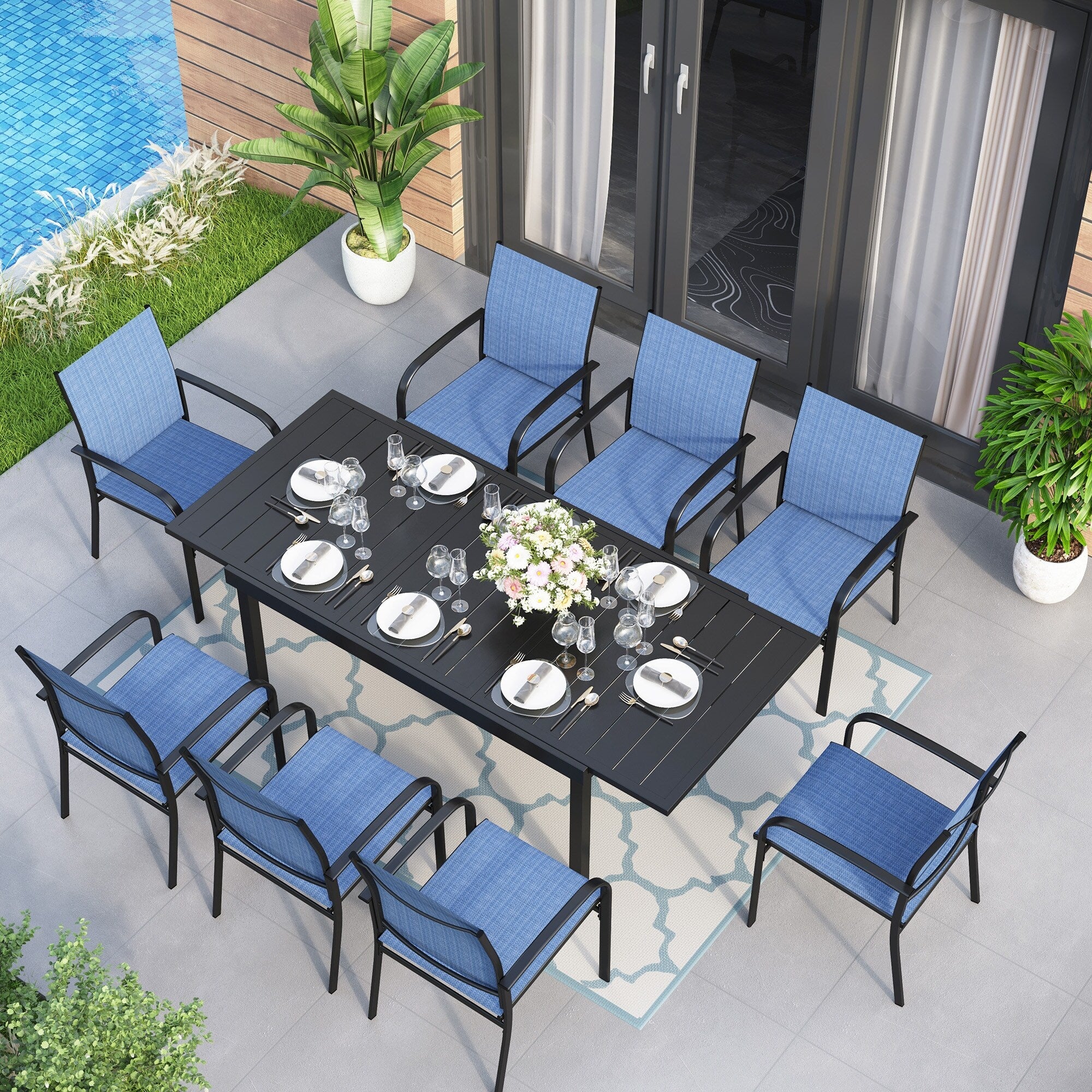 MAISON ARTS 7/9-Piece Patio Dining Set with Metal Rectangle Expandable Table and 6/8 Textilene Dining Chairs