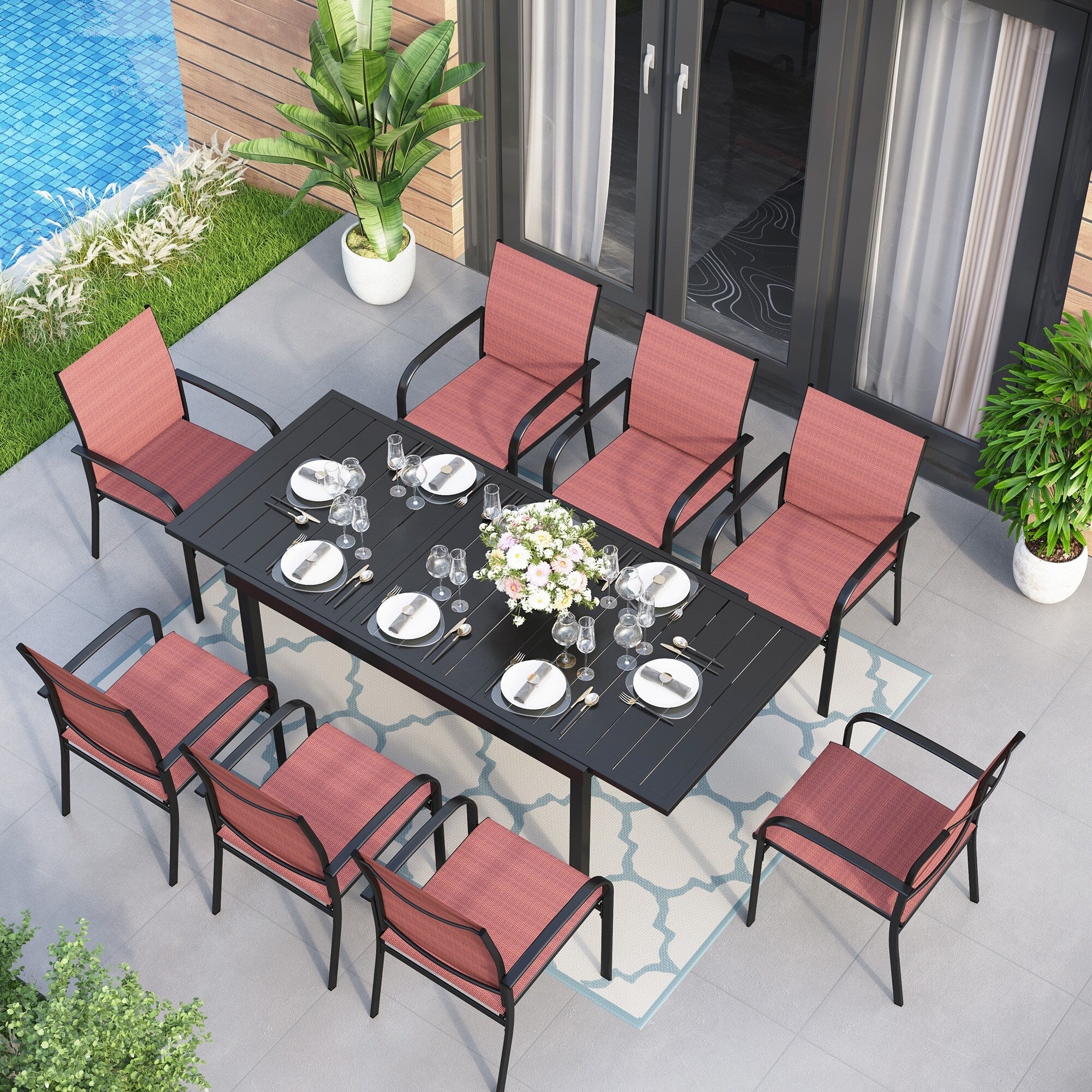 MAISON ARTS 7/9-Piece Patio Dining Set with Metal Rectangle Expandable Table and 6/8 Textilene Dining Chairs