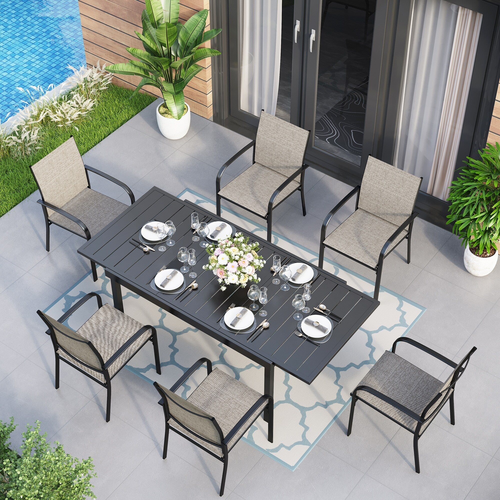 MAISON ARTS 7/9-Piece Patio Dining Set with Metal Rectangle Expandable Table and 6/8 Textilene Dining Chairs