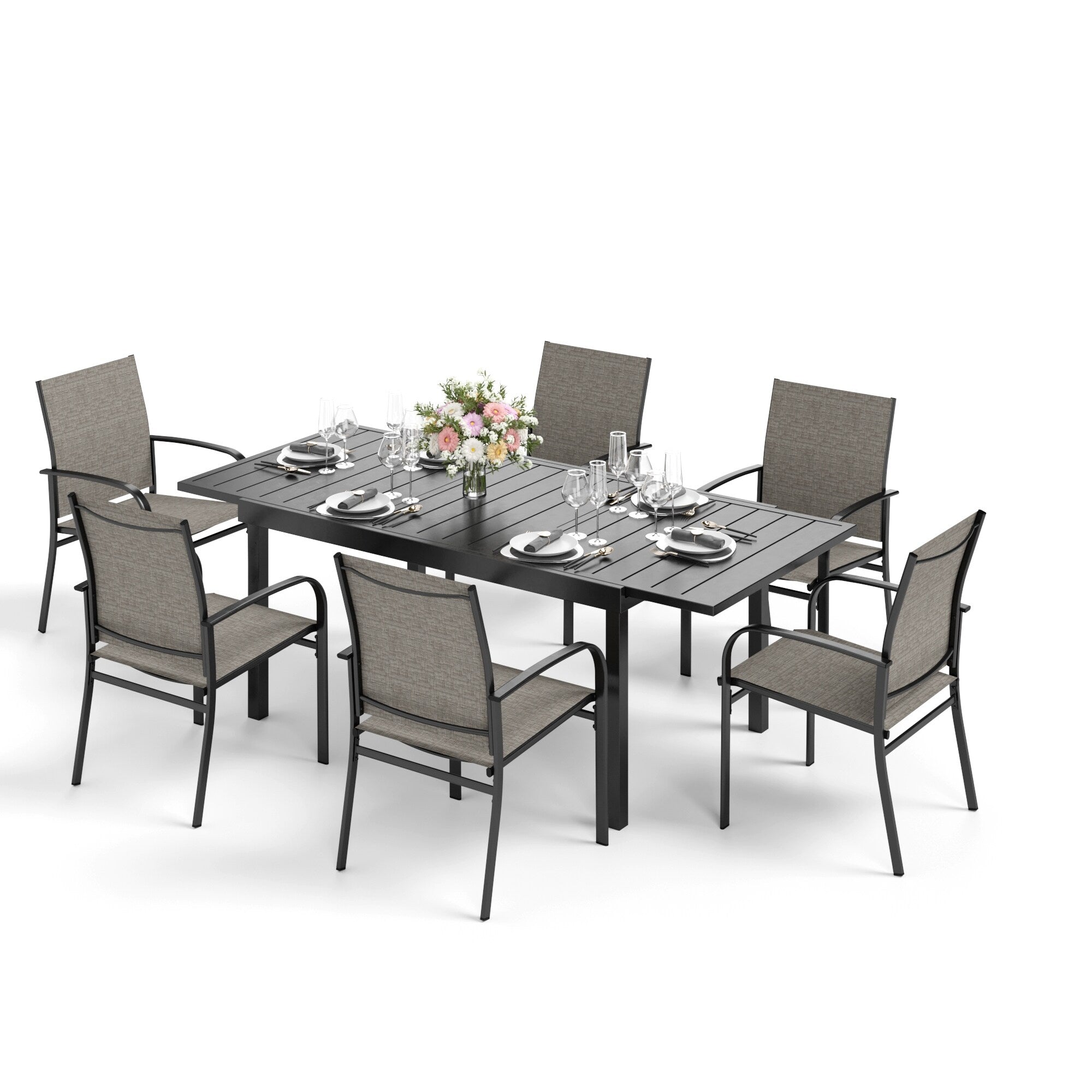 MAISON ARTS 7/9-Piece Patio Dining Set with Metal Rectangle Expandable Table and 6/8 Textilene Dining Chairs