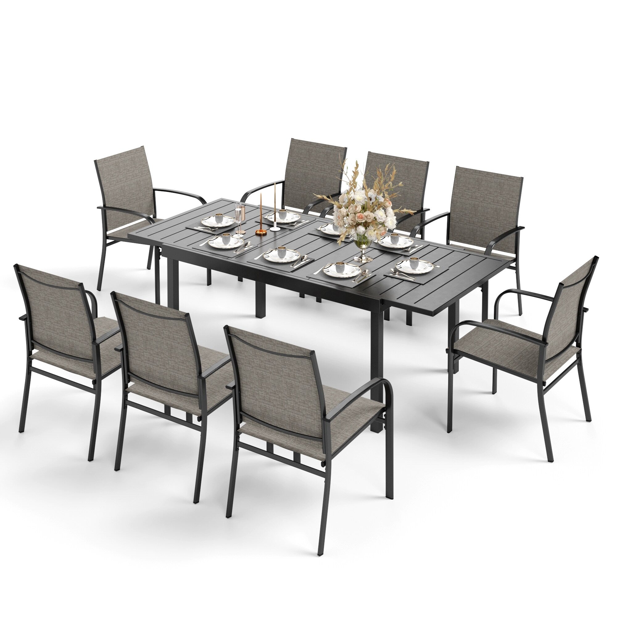 MAISON ARTS 7/9-Piece Patio Dining Set with Metal Rectangle Expandable Table and 6/8 Textilene Dining Chairs