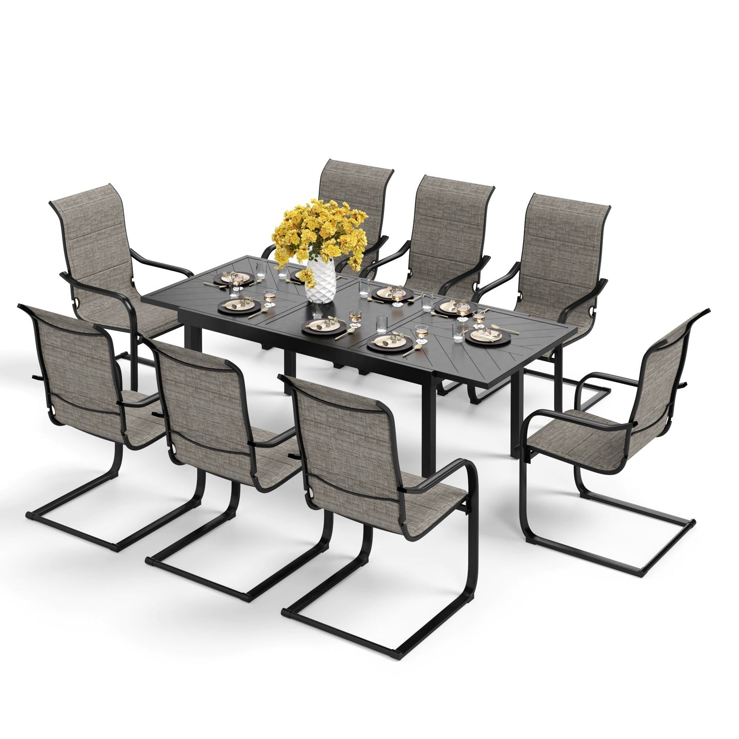 7/9-piece Patio Dining Set, Expendable Rectangular Outdoor Dining Table with C Spring Rocking Chairs