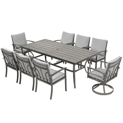 9-Piece Aluminum Patio Dining Set with 2 Swivel Dining Chairs and 6 Dining Chairs and Washable Cushions