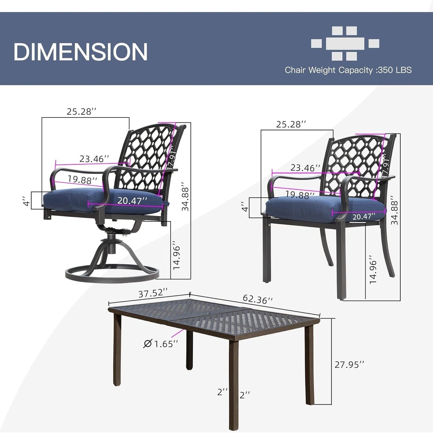7-Piece Outdoor Metal Patio Dining Set with Swivel and Stationary Chairs, and Weather-Resistant Rectangle Table