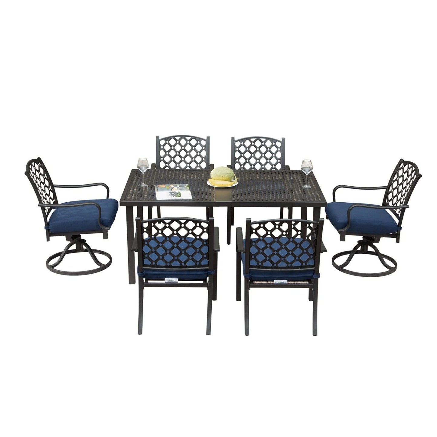 7-Piece Outdoor Metal Patio Dining Set with Swivel and Stationary Chairs, and Weather-Resistant Rectangle Table