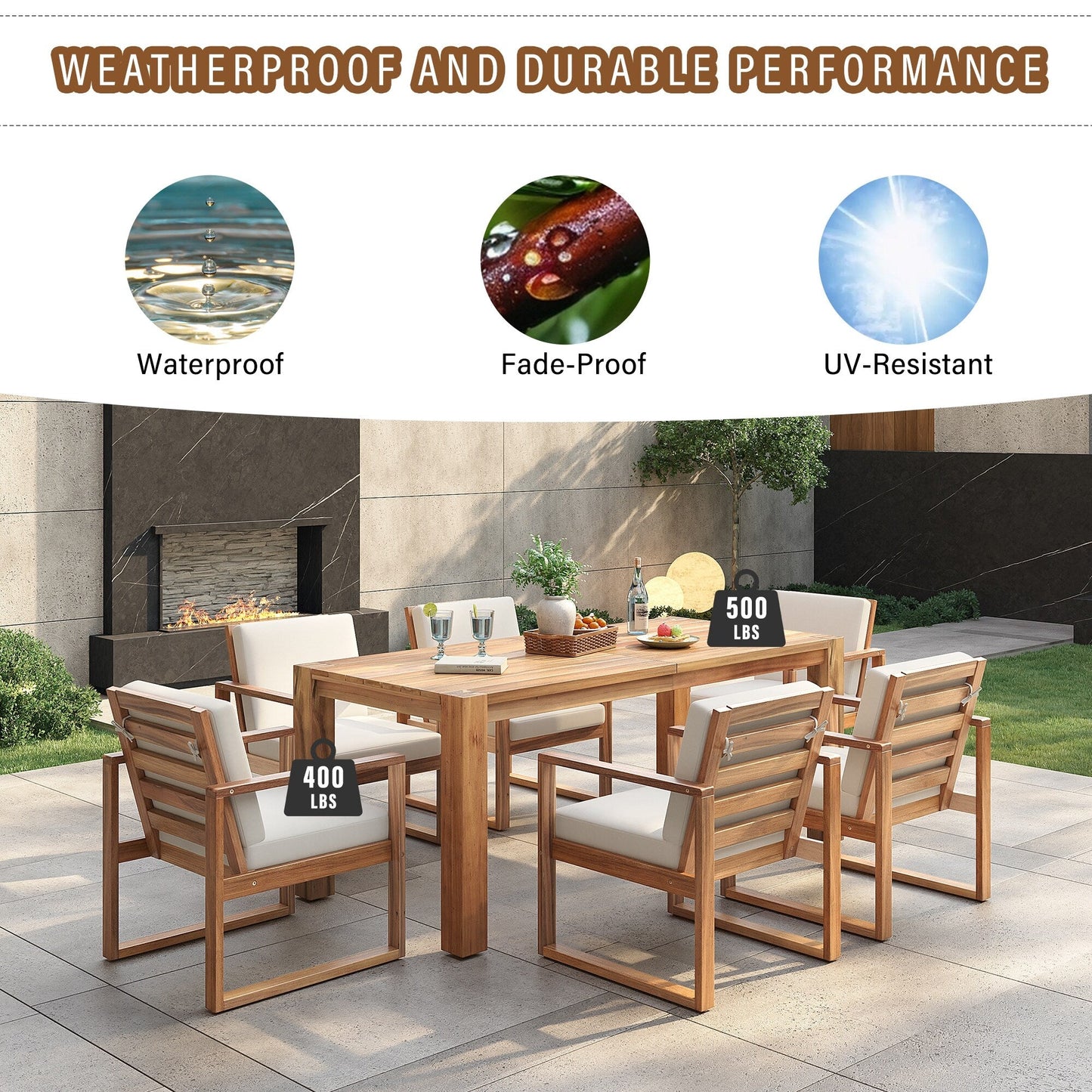7 Piece Outdoor Patio Dining Table Chairs Set Wood Casual Dining Table with Parasol Hole and 6 Removable Cushions Chairs