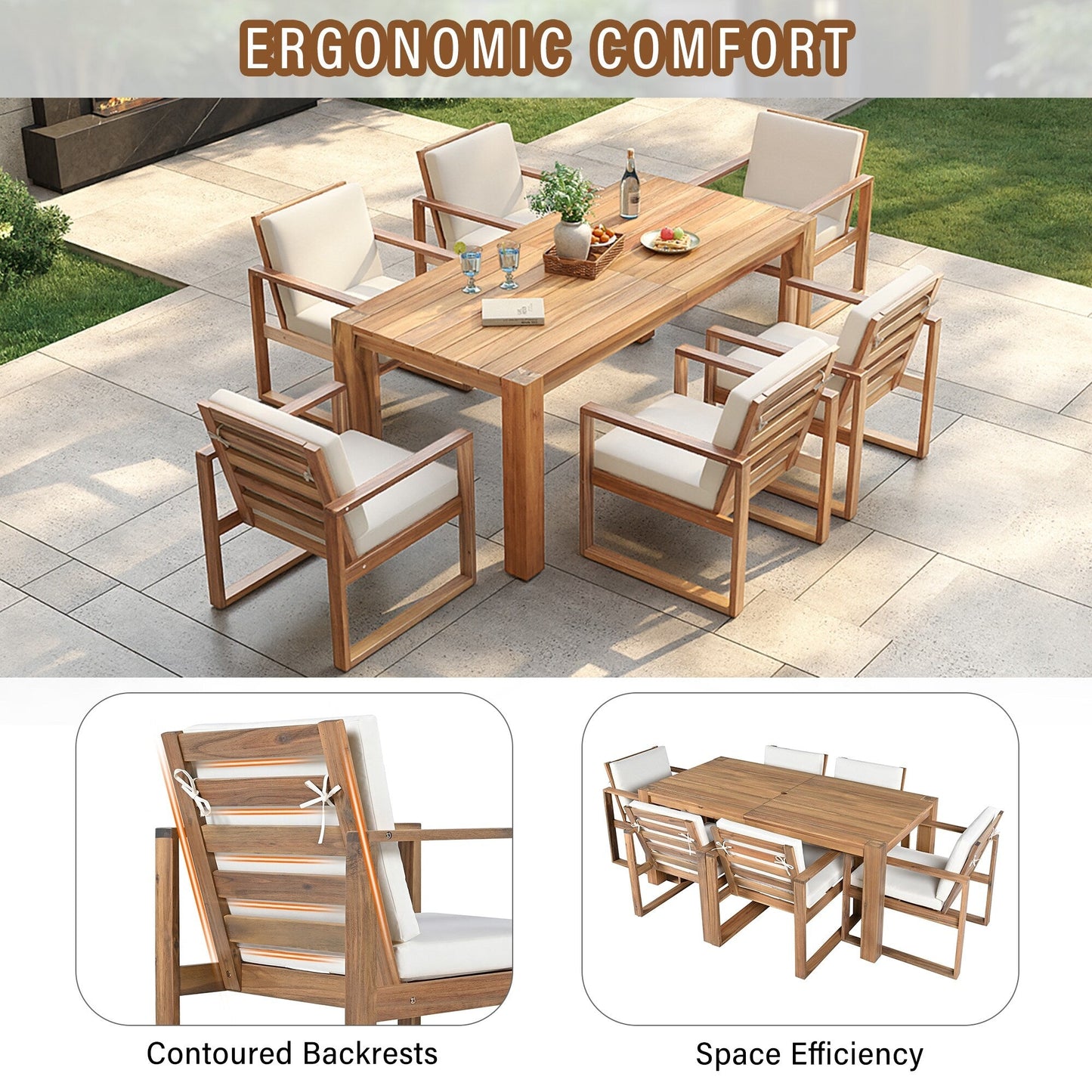 7 Piece Outdoor Patio Dining Table Chairs Set Wood Casual Dining Table with Parasol Hole and 6 Removable Cushions Chairs