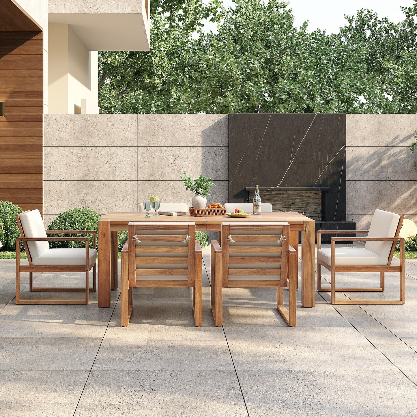 7 Piece Outdoor Patio Dining Table Chairs Set Wood Casual Dining Table with Parasol Hole and 6 Removable Cushions Chairs