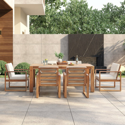 7 Piece Outdoor Patio Dining Table Chairs Set Wood Casual Dining Table with Parasol Hole and 6 Removable Cushions Chairs