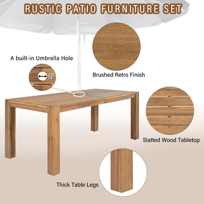 7 Piece Outdoor Patio Dining Table Chairs Set Wood Casual Dining Table with Parasol Hole and 6 Removable Cushions Chairs