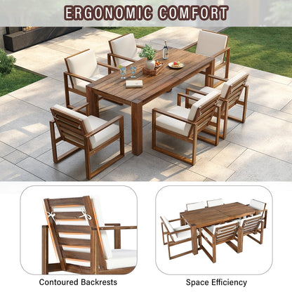 7 Piece Outdoor Patio Dining Table Chairs Set Wood Casual Dining Table with Parasol Hole and 6 Removable Cushions Chairs