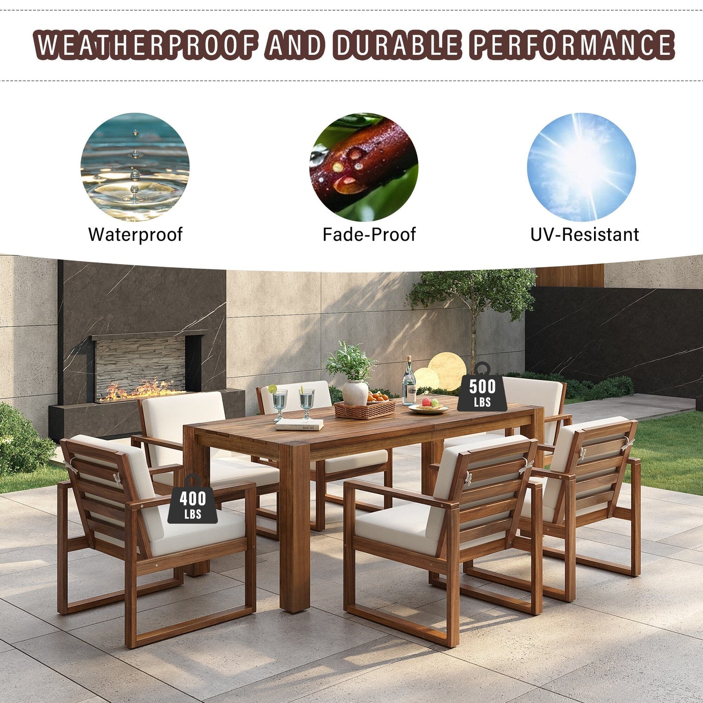 7 Piece Outdoor Patio Dining Table Chairs Set Wood Casual Dining Table with Parasol Hole and 6 Removable Cushions Chairs