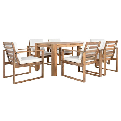 7 Piece Outdoor Patio Dining Table Chairs Set Wood Casual Dining Table with Parasol Hole and 6 Removable Cushions Chairs