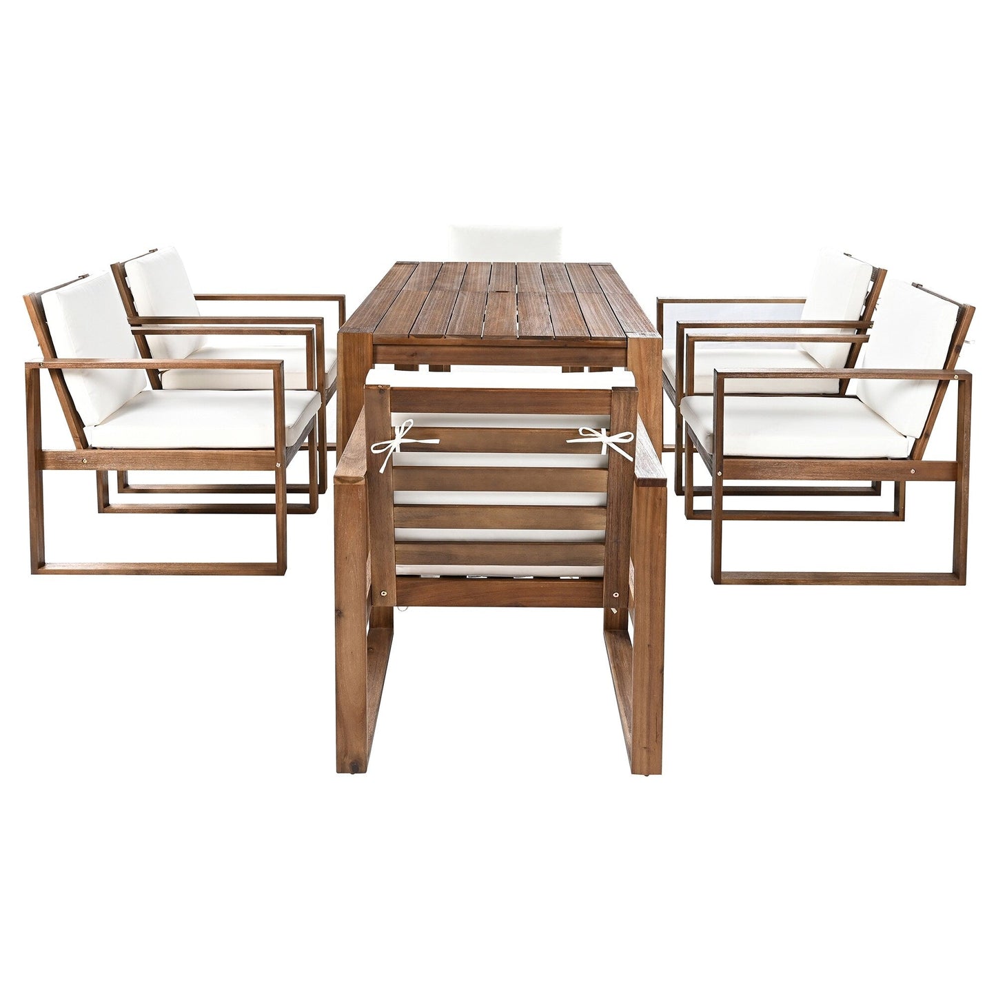 7 Piece Outdoor Patio Dining Table Chairs Set Wood Casual Dining Table with Parasol Hole and 6 Removable Cushions Chairs