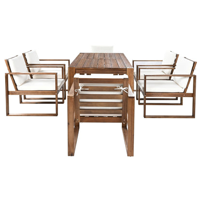 7 Piece Outdoor Patio Dining Table Chairs Set Wood Casual Dining Table with Parasol Hole and 6 Removable Cushions Chairs