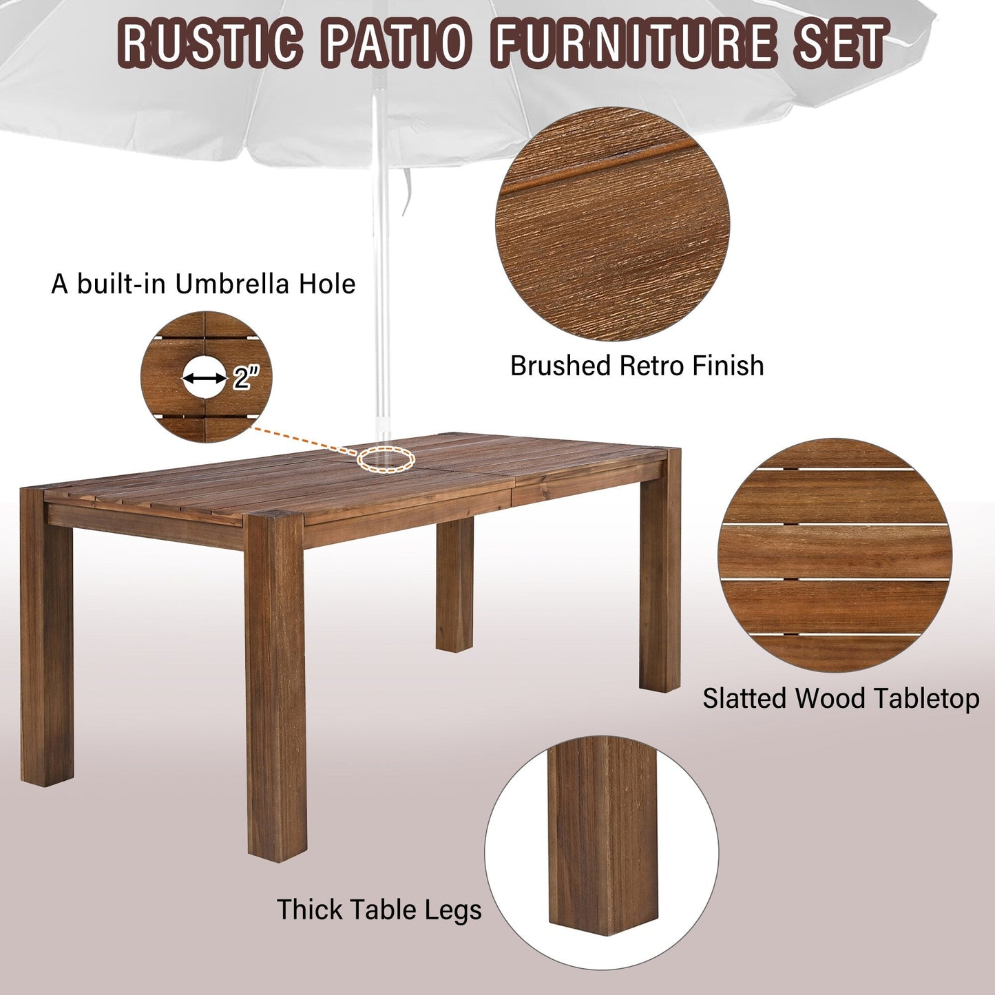 7 Piece Outdoor Patio Dining Table Chairs Set Wood Casual Dining Table with Parasol Hole and 6 Removable Cushions Chairs