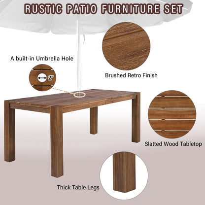 7 Piece Outdoor Patio Dining Table Chairs Set Wood Casual Dining Table with Parasol Hole and 6 Removable Cushions Chairs