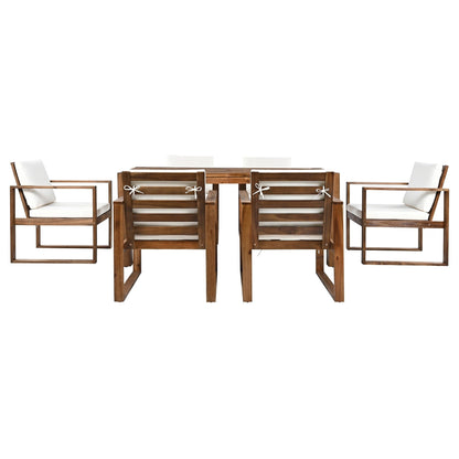 7 Piece Outdoor Patio Dining Table Chairs Set Wood Casual Dining Table with Parasol Hole and 6 Removable Cushions Chairs