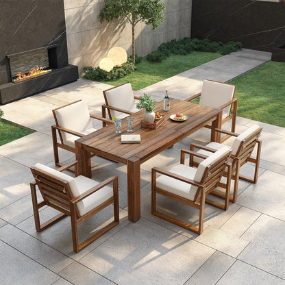 7 Piece Outdoor Patio Dining Table Chairs Set Wood Casual Dining Table with Parasol Hole and 6 Removable Cushions Chairs