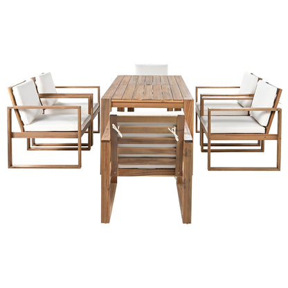 7 Piece Outdoor Patio Dining Table Chairs Set Wood Casual Dining Table with Parasol Hole and 6 Removable Cushions Chairs