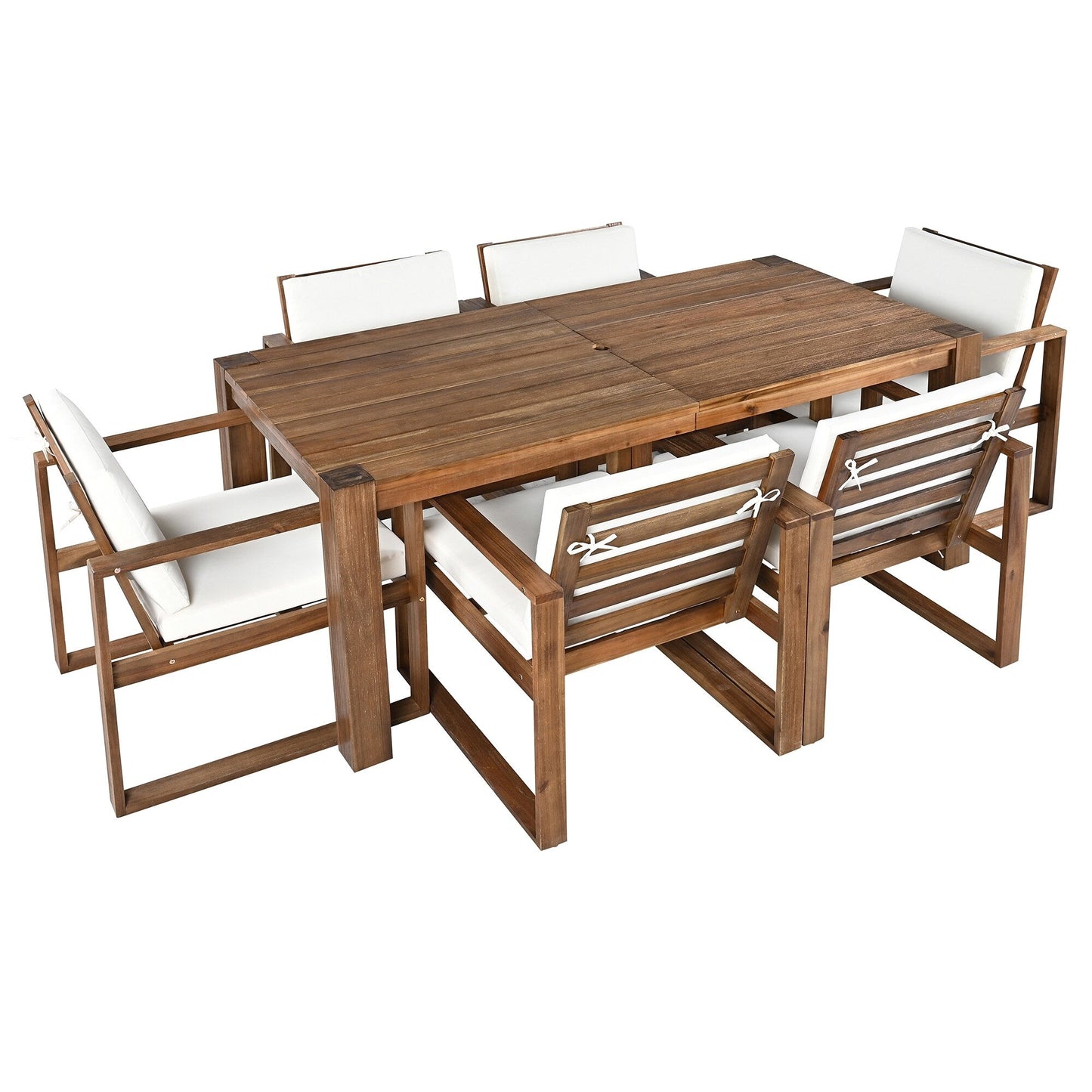 7 Piece Outdoor Patio Dining Table Chairs Set Wood Casual Dining Table with Parasol Hole and 6 Removable Cushions Chairs