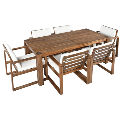 7 Piece Outdoor Patio Dining Table Chairs Set Wood Casual Dining Table with Parasol Hole and 6 Removable Cushions Chairs