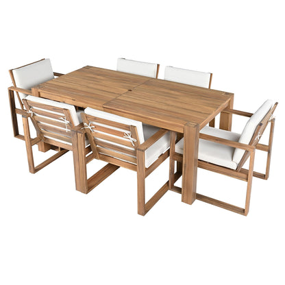 7 Piece Outdoor Patio Dining Table Chairs Set Wood Casual Dining Table with Parasol Hole and 6 Removable Cushions Chairs