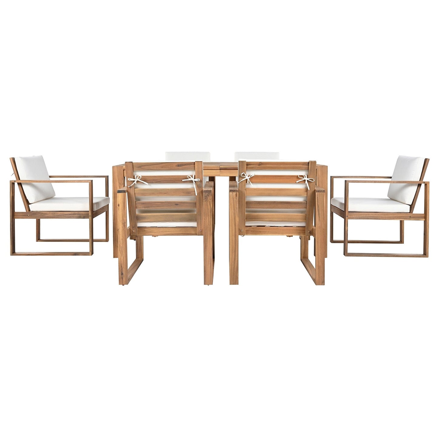7 Piece Outdoor Patio Dining Table Chairs Set Wood Casual Dining Table with Parasol Hole and 6 Removable Cushions Chairs