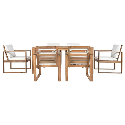7 Piece Outdoor Patio Dining Table Chairs Set Wood Casual Dining Table with Parasol Hole and 6 Removable Cushions Chairs