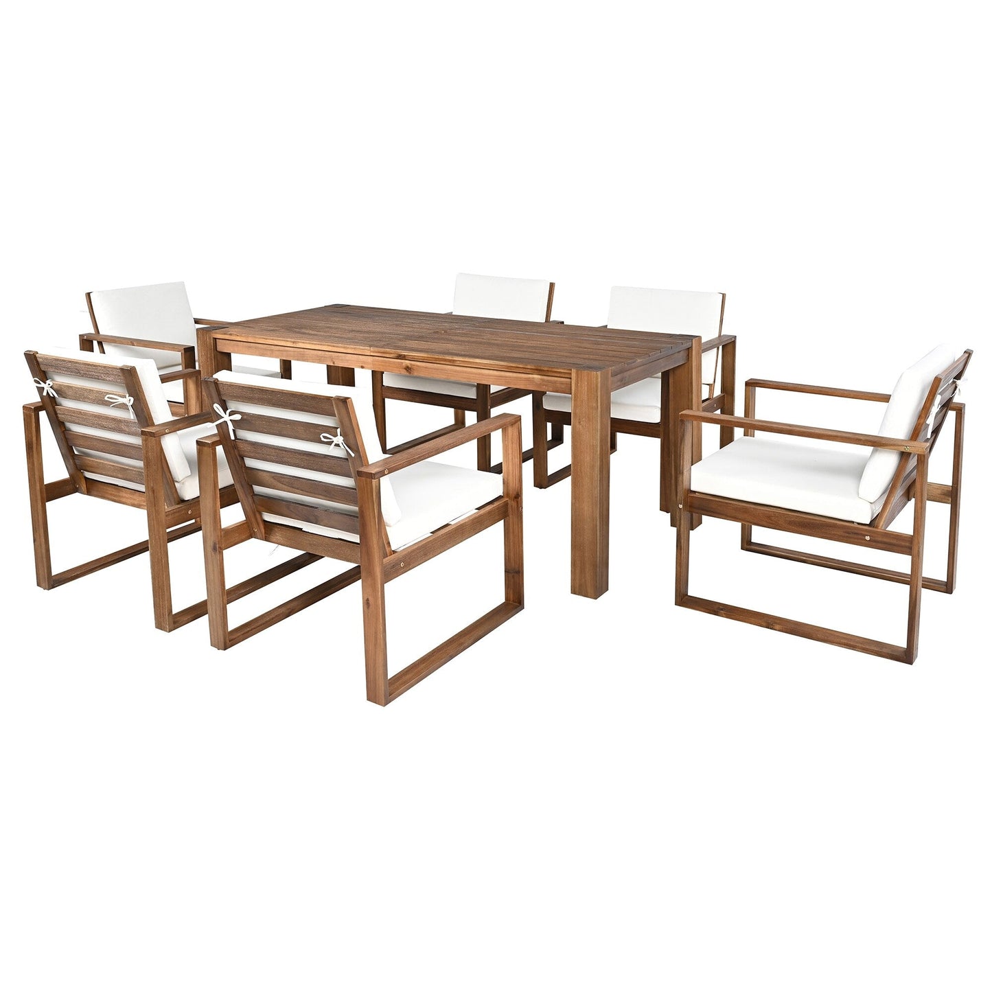7 Piece Outdoor Patio Dining Table Chairs Set Wood Casual Dining Table with Parasol Hole and 6 Removable Cushions Chairs