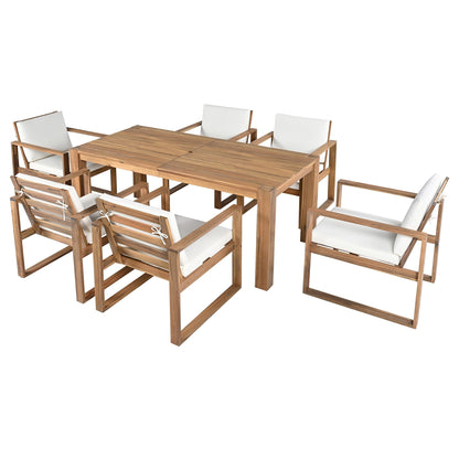 7 Piece Outdoor Patio Dining Table Chairs Set Wood Casual Dining Table with Parasol Hole and 6 Removable Cushions Chairs
