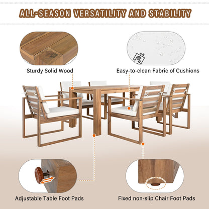 7 Piece Outdoor Patio Dining Table Chairs Set Wood Casual Dining Table with Parasol Hole and 6 Removable Cushions Chairs