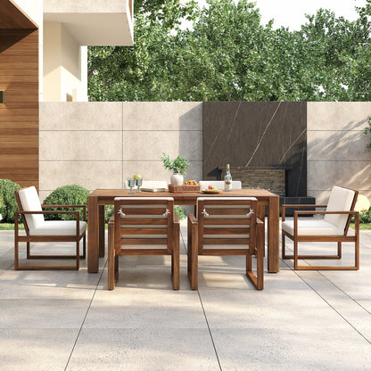 7 Piece Outdoor Patio Dining Table Chairs Set Wood Casual Dining Table with Parasol Hole and 6 Removable Cushions Chairs